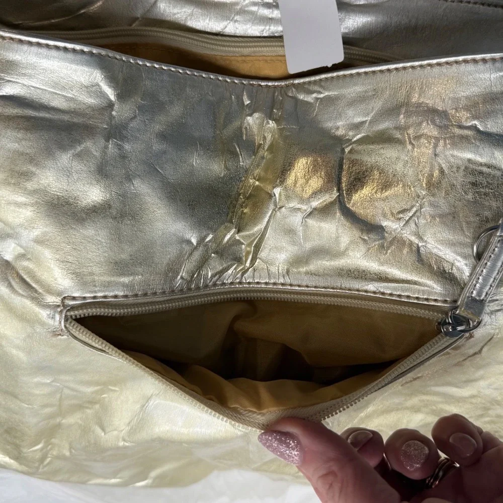 Gold‎ Metallic Hobo Bag Shoulder Bag Large Crinkle Faux Leather Silver Tones